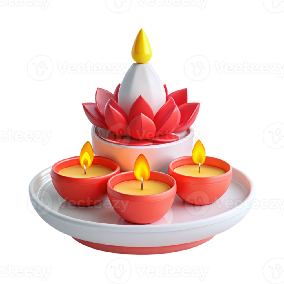 Red Lotus Candle Holder with Three Candles png