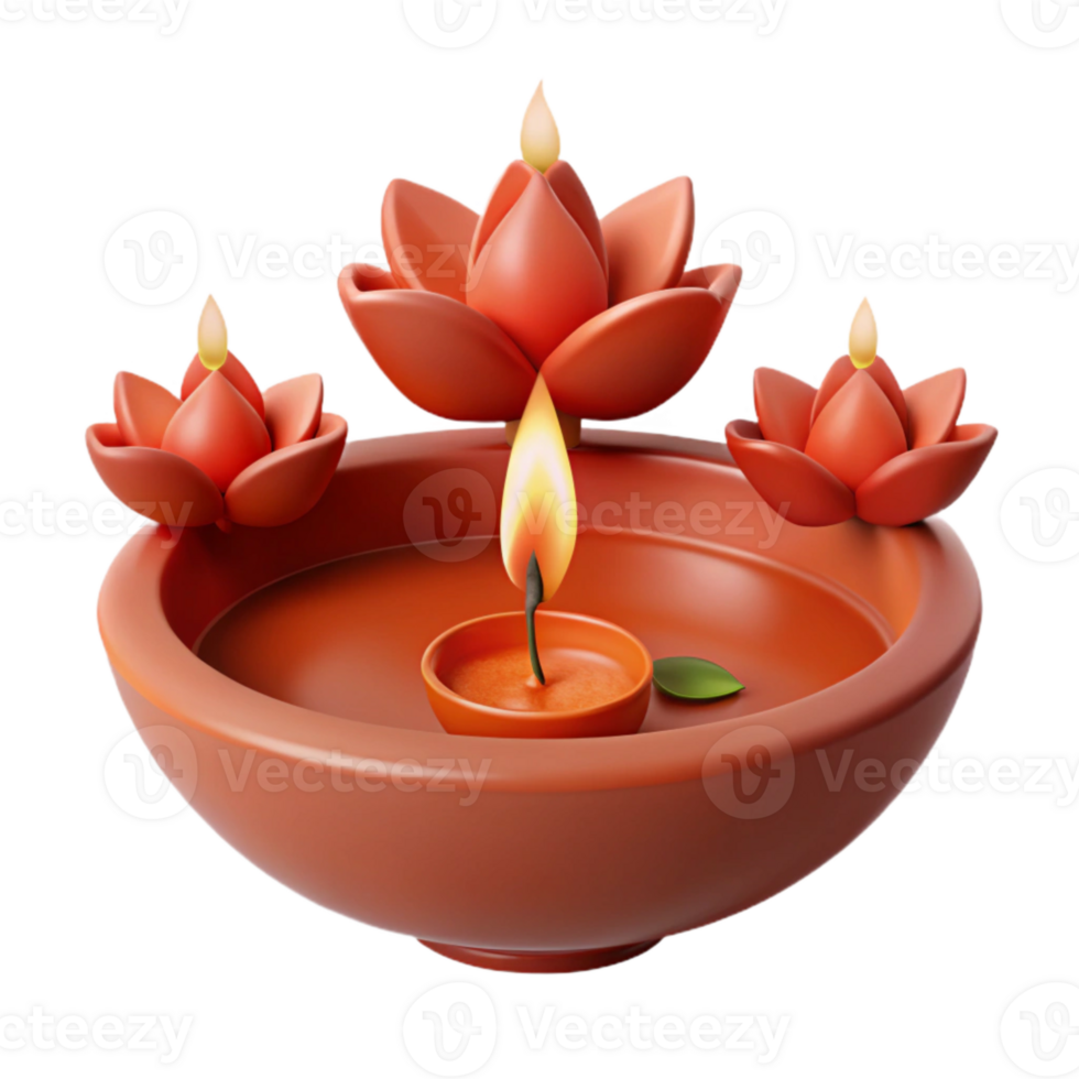 Three Lotus Flowers Adorn a Lit Candle in a Clay Bowl png