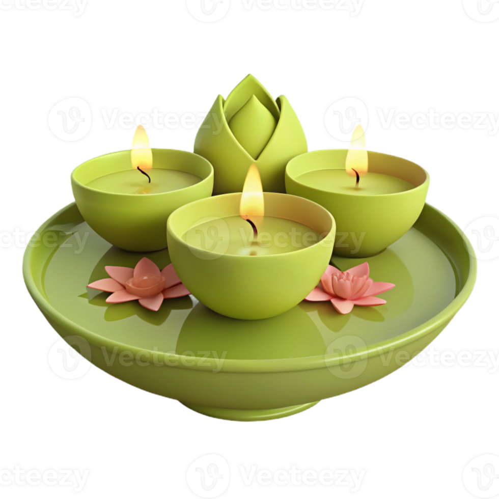 Green Candles in a Bowl with Flowers png