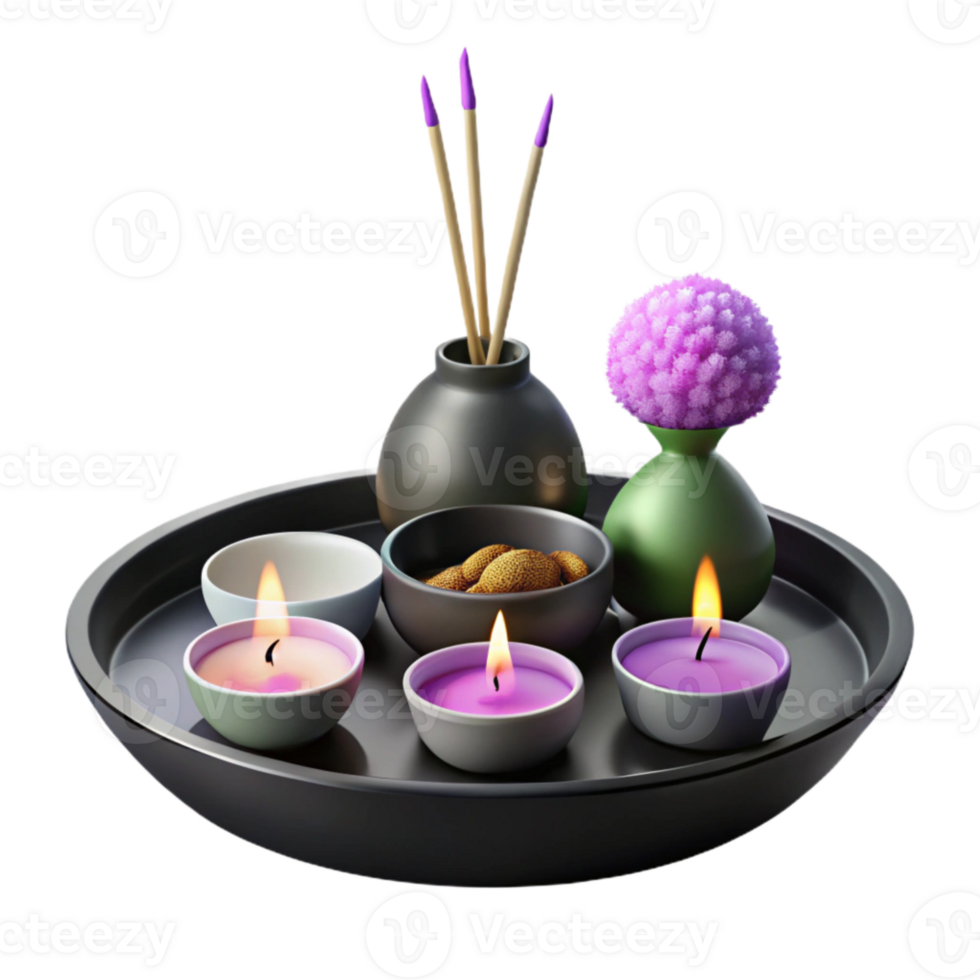 Zen Decor Candles, Incense, and Flowers on Tray png