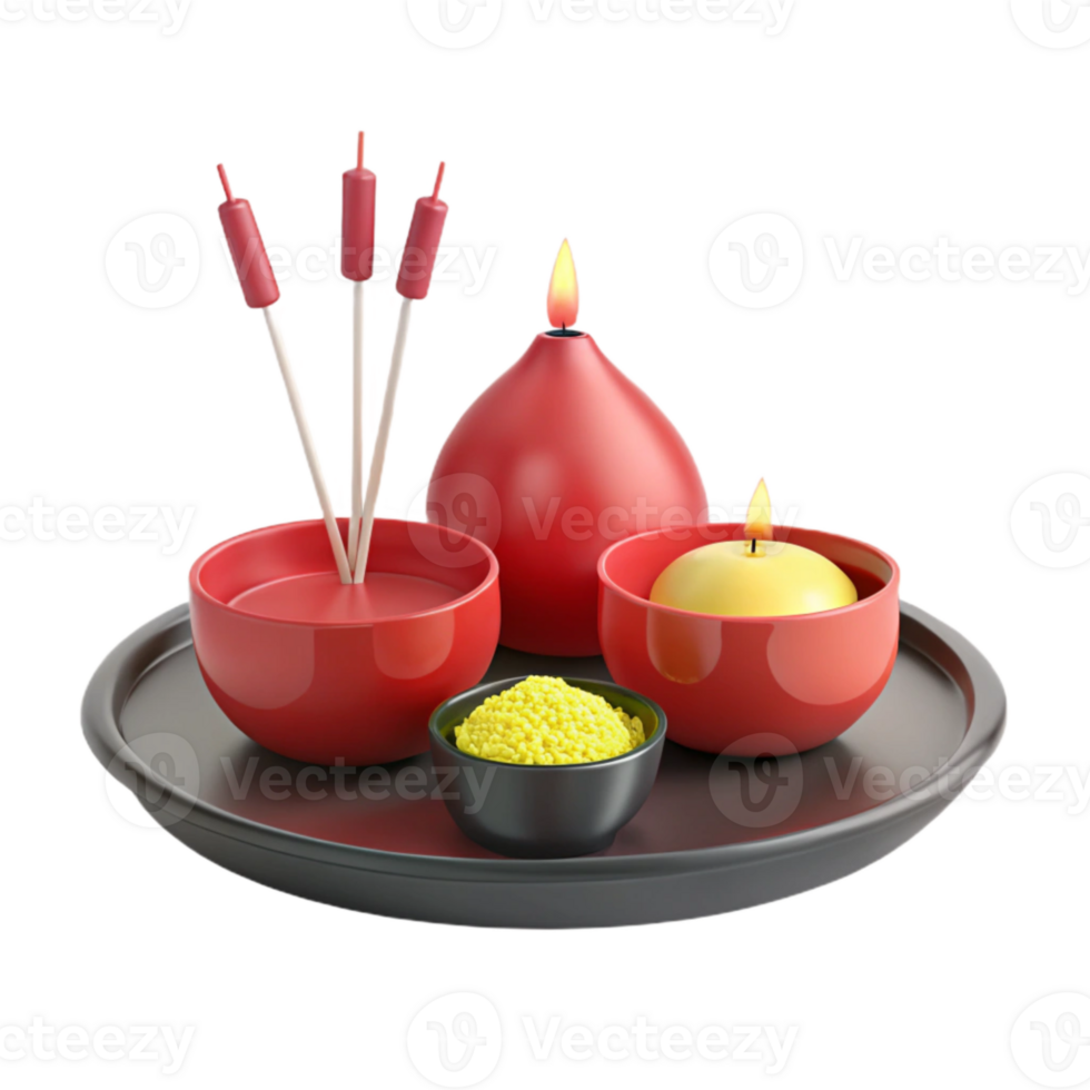 Red and Yellow Candles, Incense Sticks, and Yellow Grains on a Black Tray png