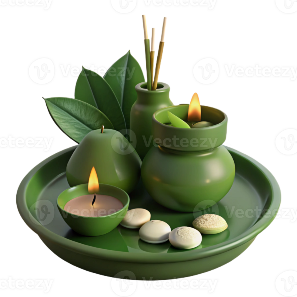 Green Spa Relaxation Candles, Stones, Leaves, and Incense png
