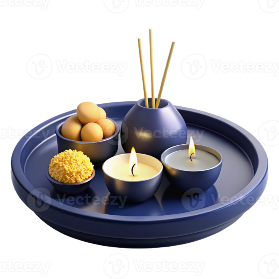 Blue Tray with Candles, Incense, and Small Bowl png