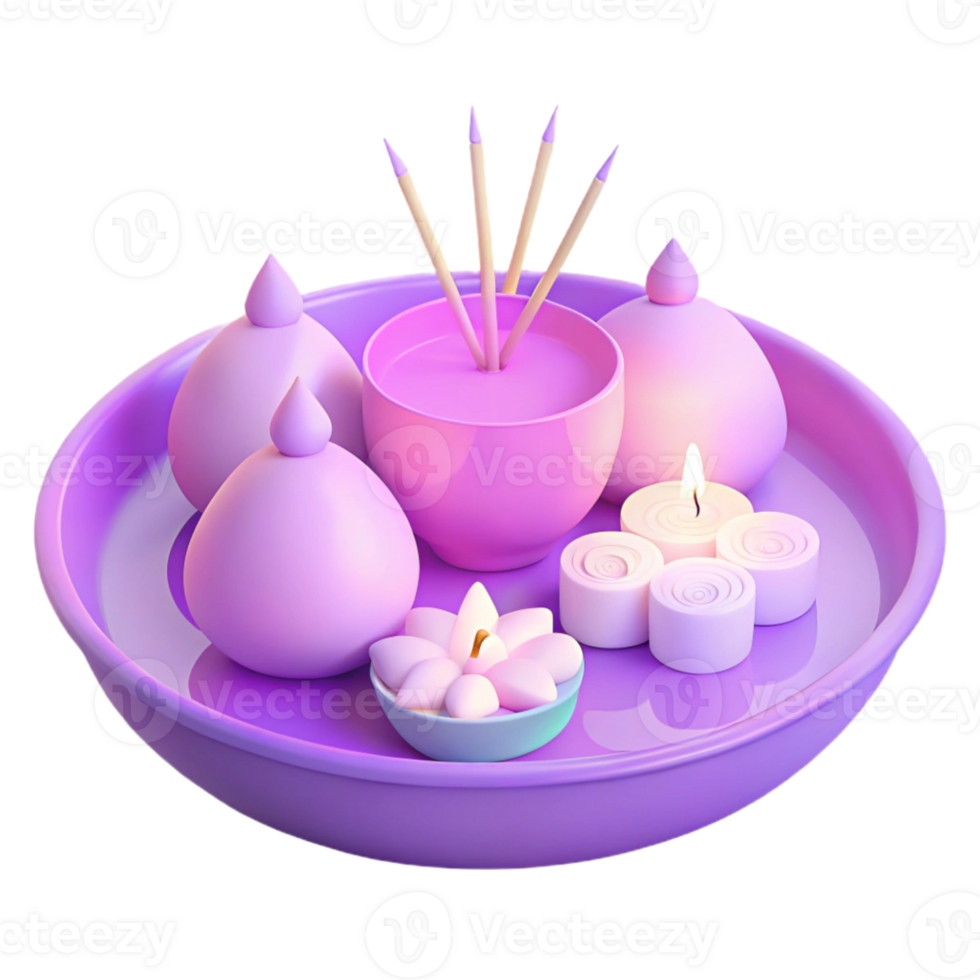 Purple Tray with Incense, Candles, and Flower png