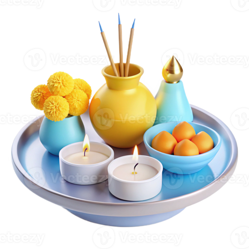 Candles, Incense Sticks, and Flowers on a Tray png