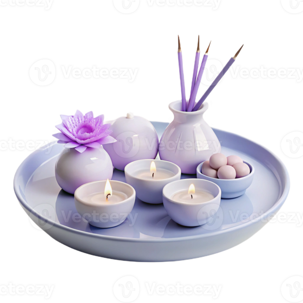Lavender Scented Candles, Incense Sticks, and Lotus Flower Decoration on a Decorative Tray png