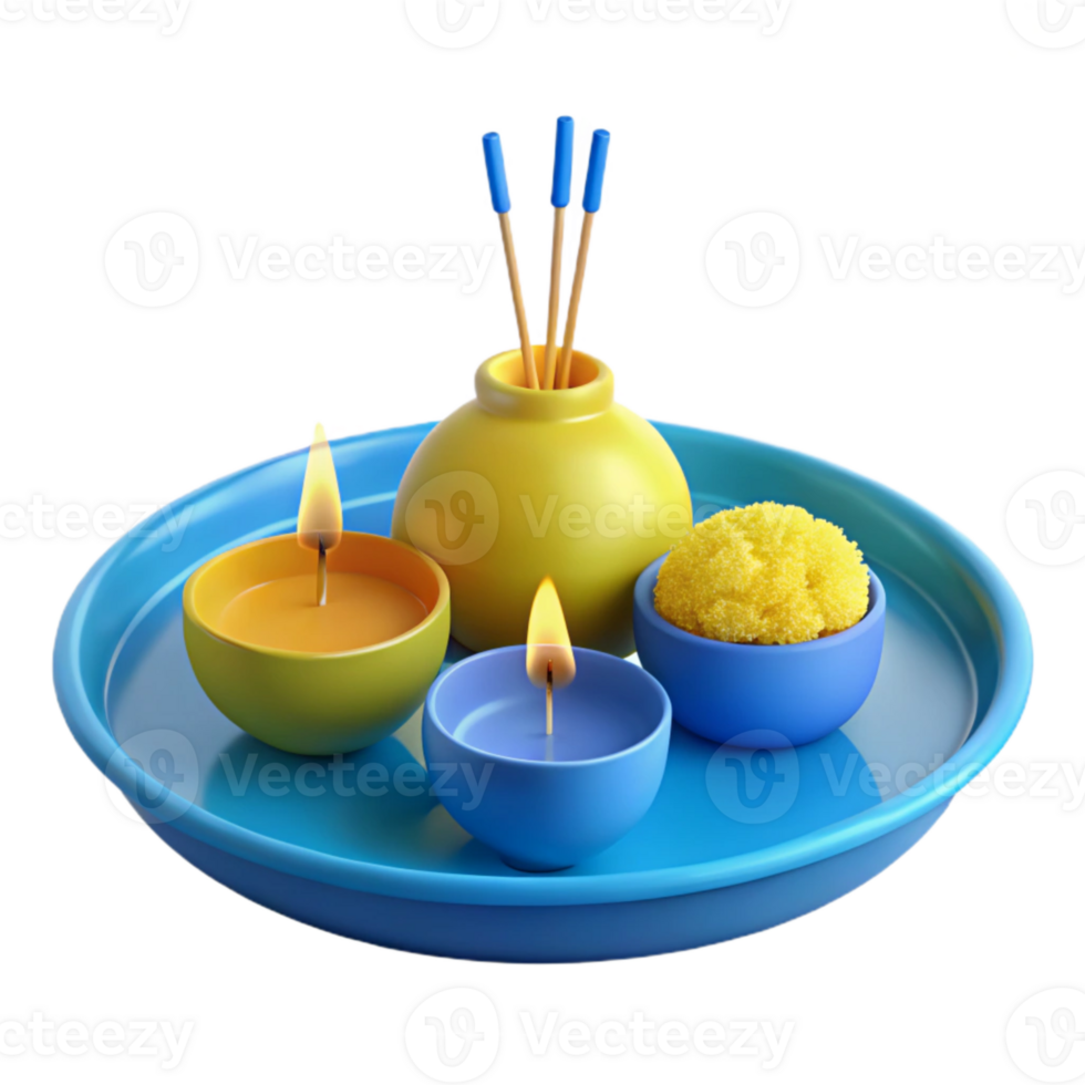 3D Render of a Blue Plate with Yellow and Blue Bowls and Incense Sticks png