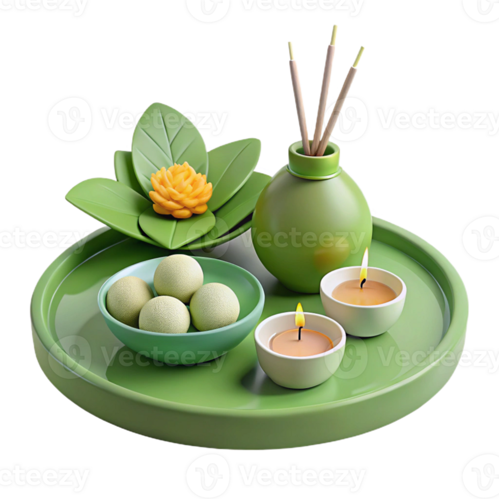 Green Tray with Candles, Incense, and Decorated Flower png