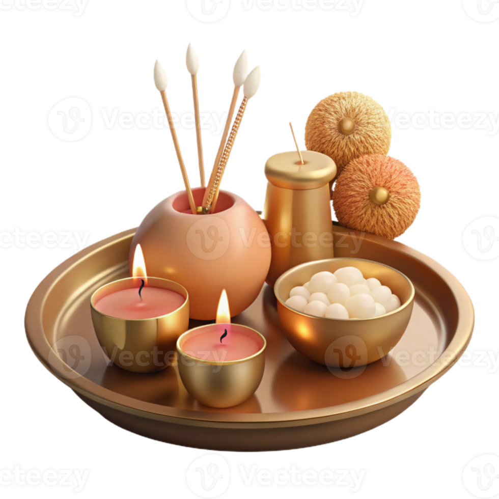Golden Tray with Candles, Incense Sticks, and Sweet Treats png
