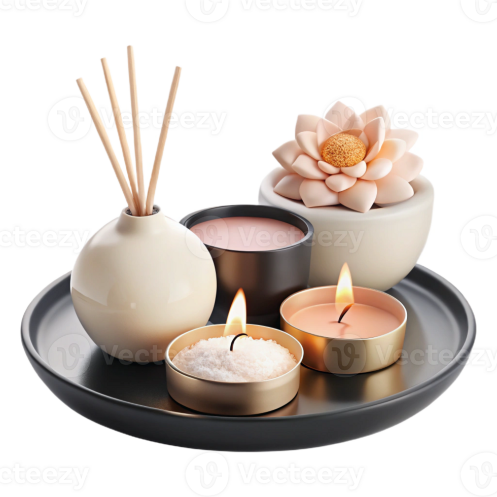 Relaxing Spa Essentials Candles, Diffuser, and Decorative Flower png