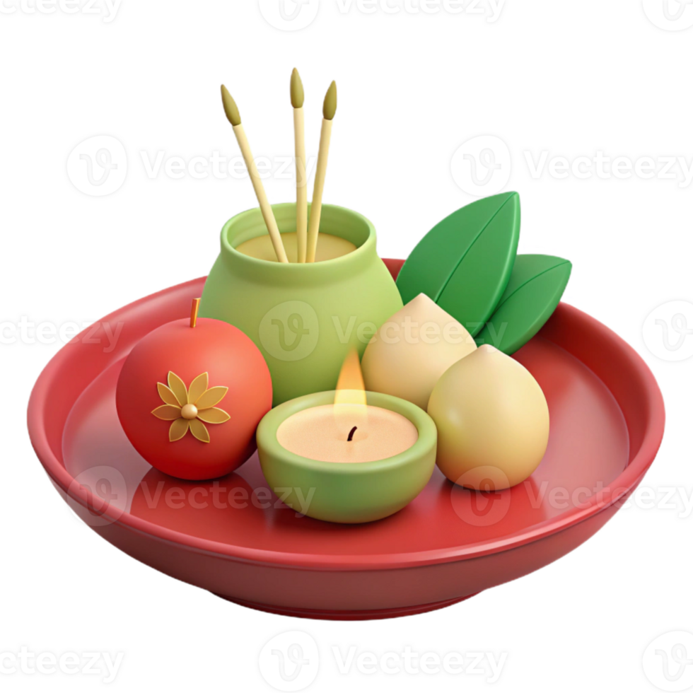 3D Rendered Illustration of a Tray with a Lit Candle, Incense Sticks, and Fruits png