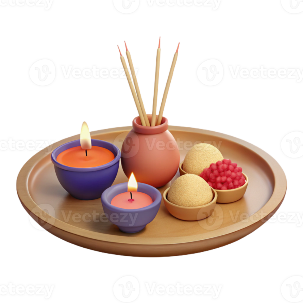 Candles, Incense, and Sweets on Wooden Tray png