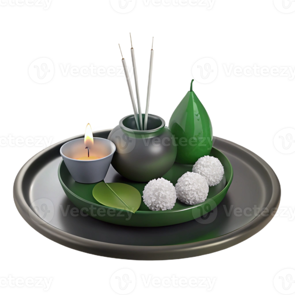 Traditional Ritual Offering with Candle, Incense Sticks, and White Balls on Green Leaf png
