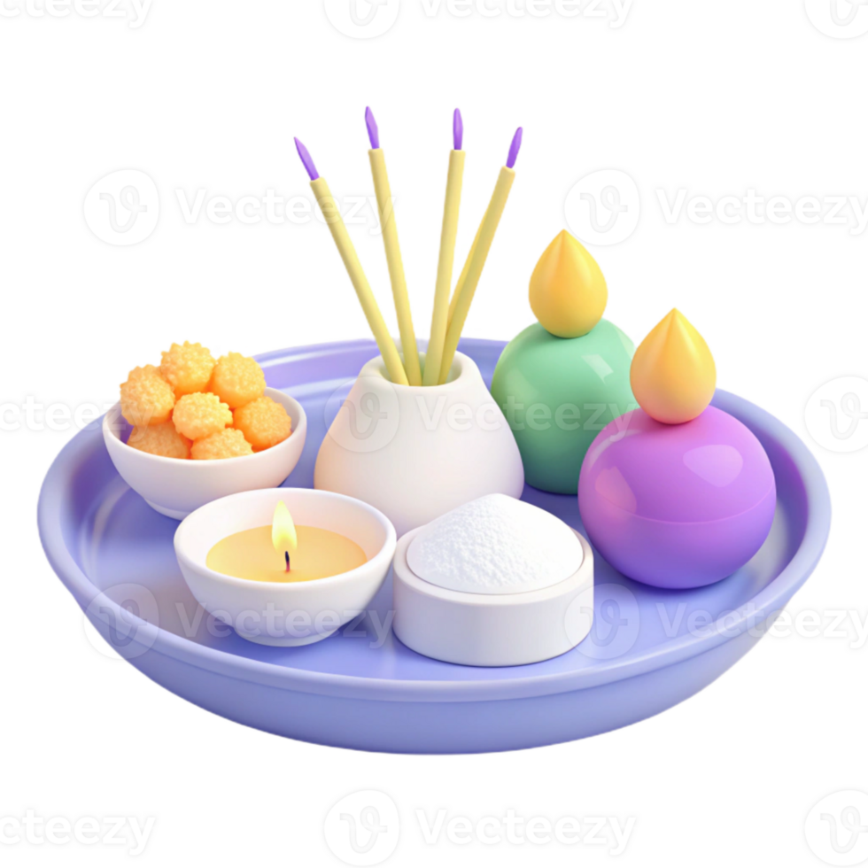 3D Rendered Still Life of a Traditional Offering Tray with Incense, Candles, and Other Items png