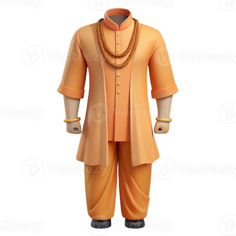 Orange Kurta Pajama with Golden Necklace and Bracelets png