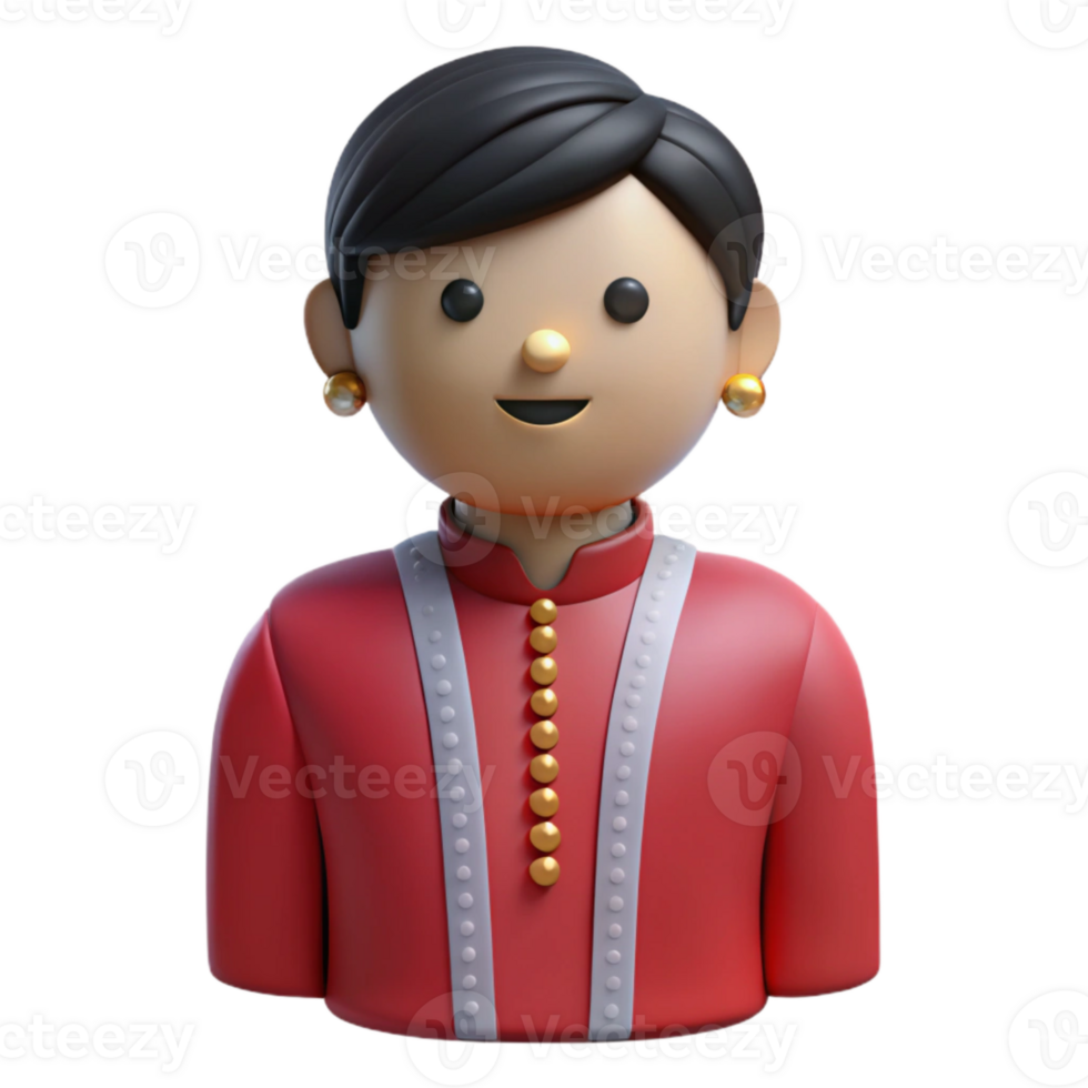 Smiling 3D Cartoon Woman with Black Hair and Red Clothing png