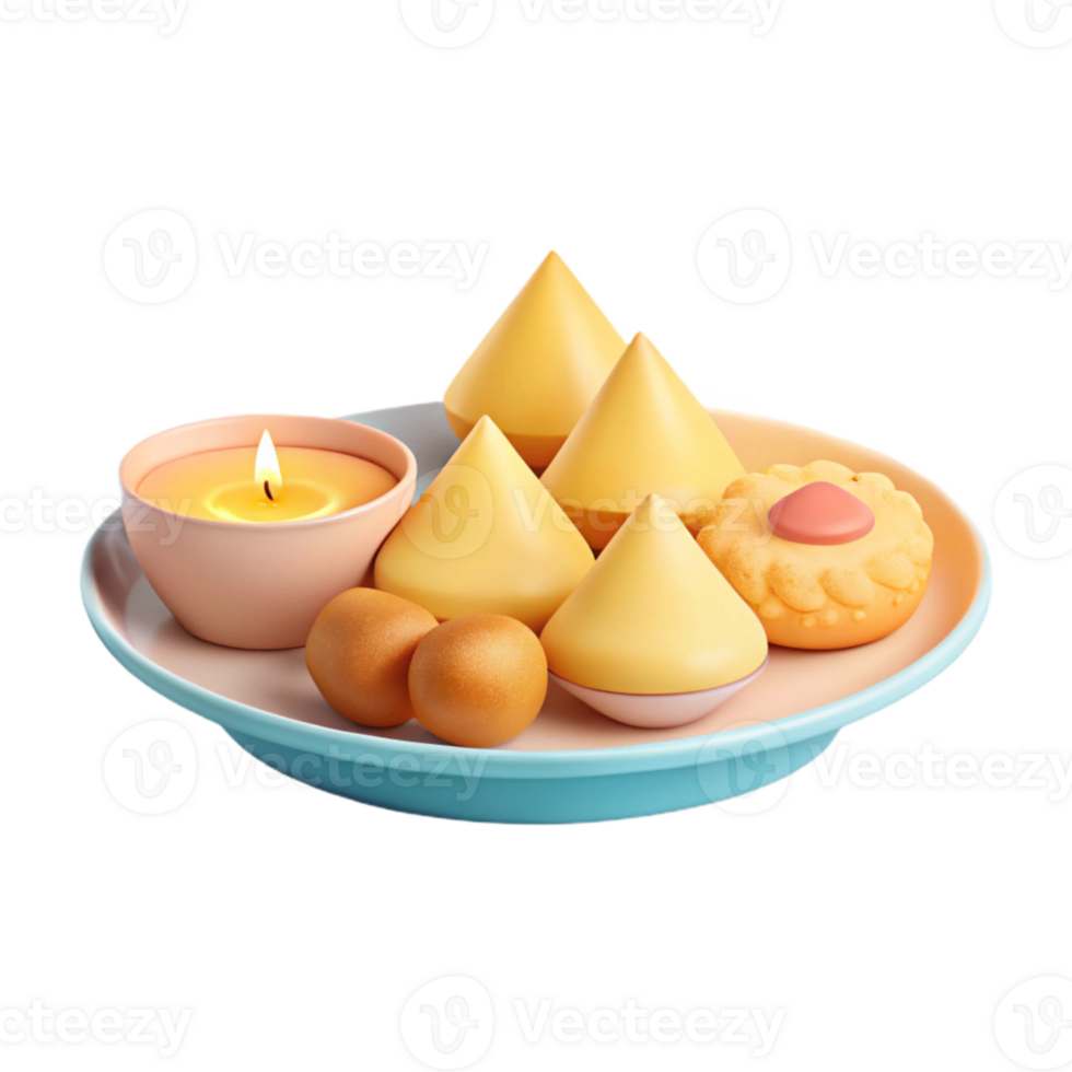 3D Rendered Festive Treats Yellow Cones, Round Cookies, and a Burning Candle on a Plate png