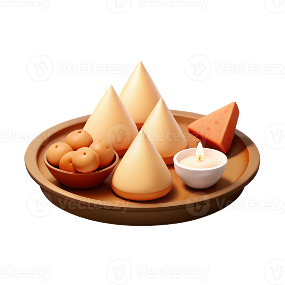 3D Render of a Tray with Conical Food, Round Objects, and a Candle png