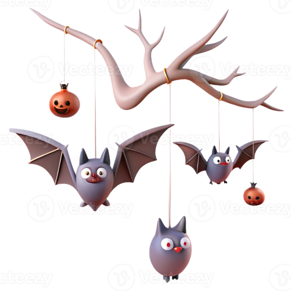 Cute Bats Hanging From Branch with Pumpkins png