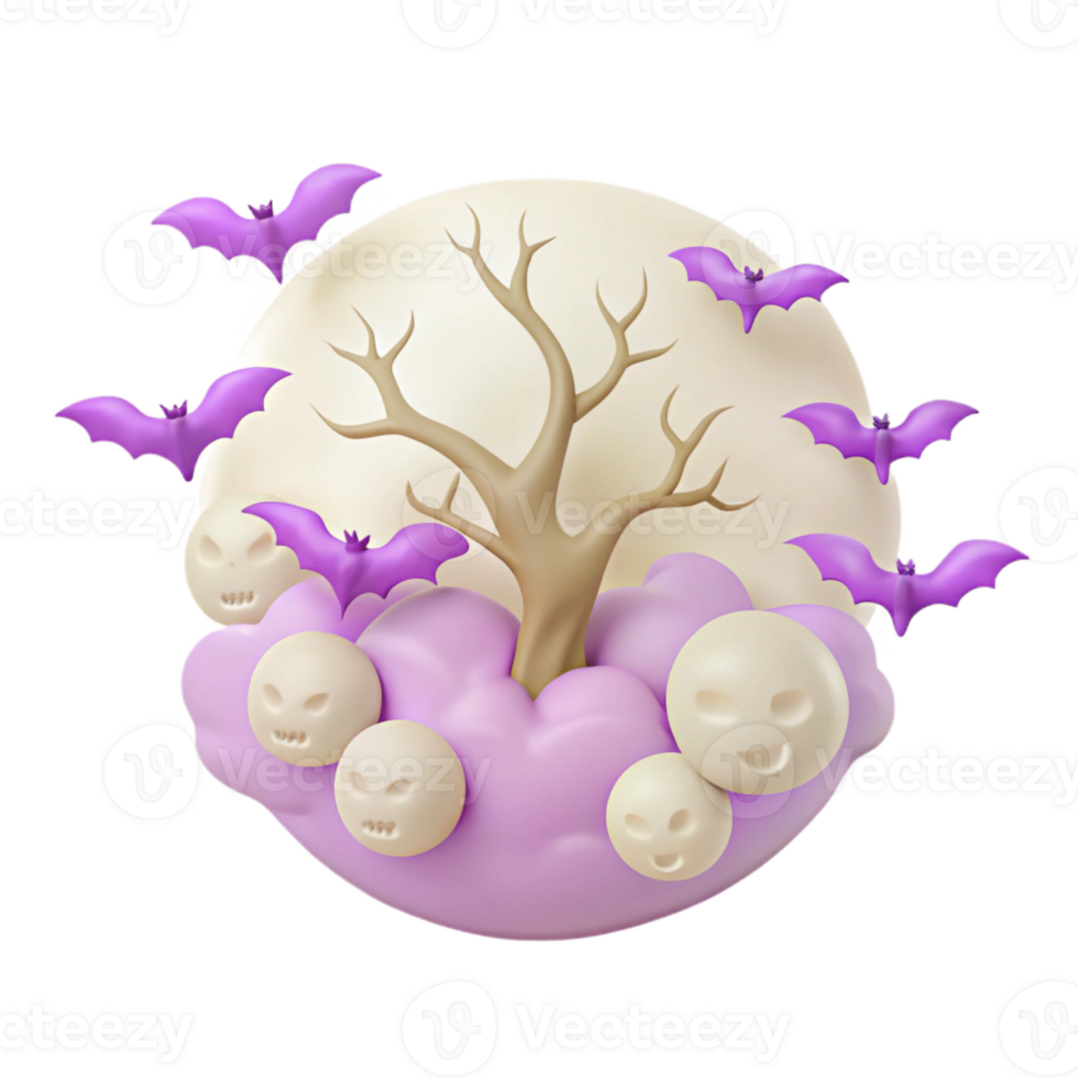 Spooky Halloween Scene with Bats, Tree, and Ghosts png