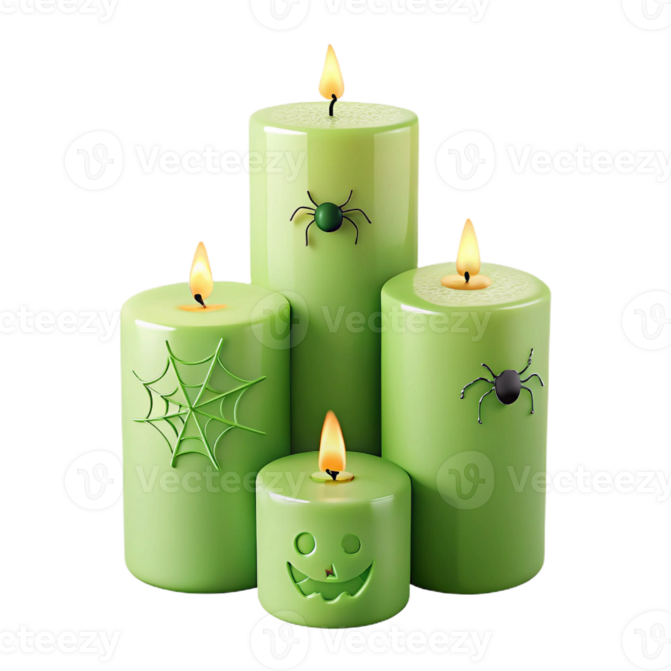 Green Halloween Candles with Spider and Web Decorations png