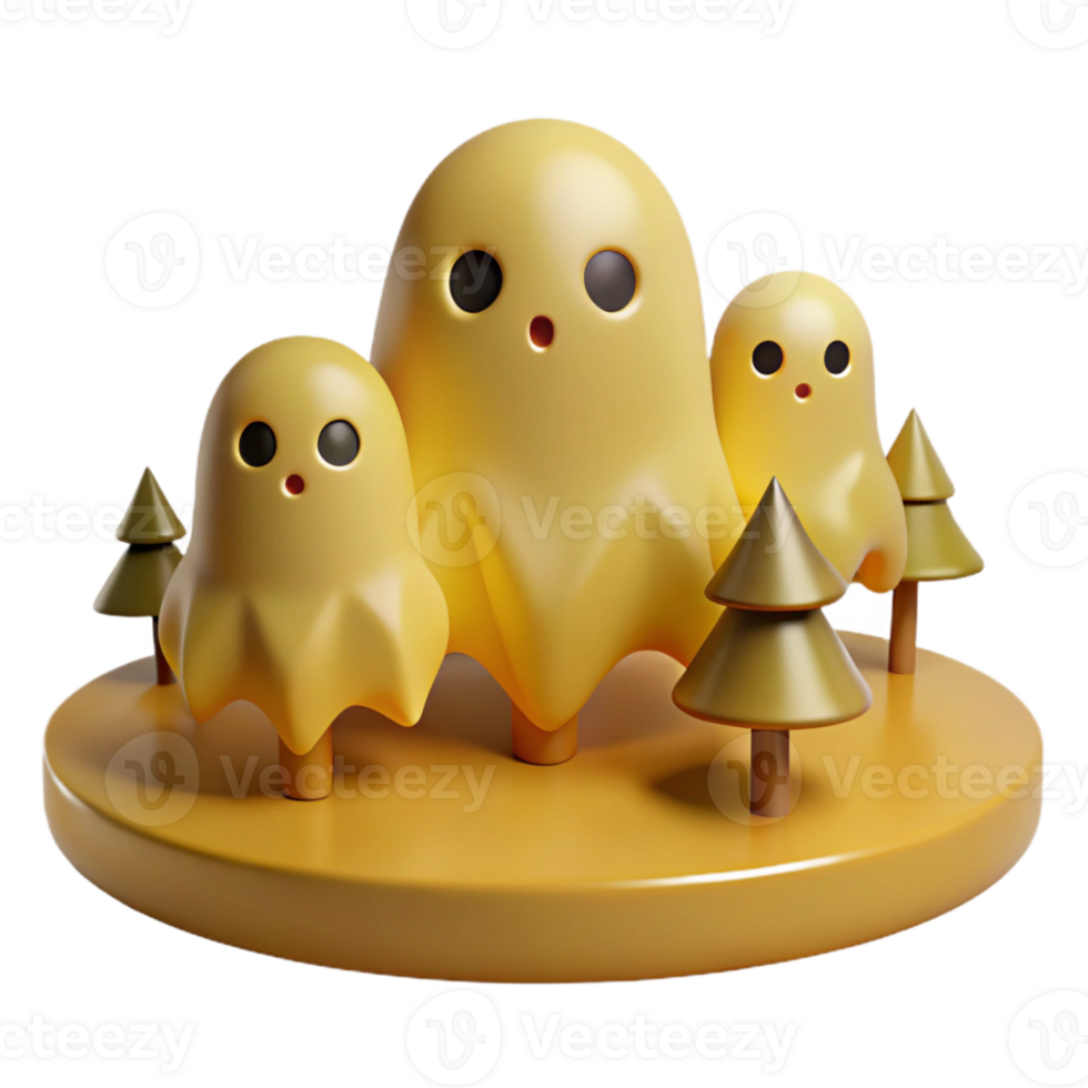 Cute 3D Ghost Illustration with Trees on a Circular Platform png