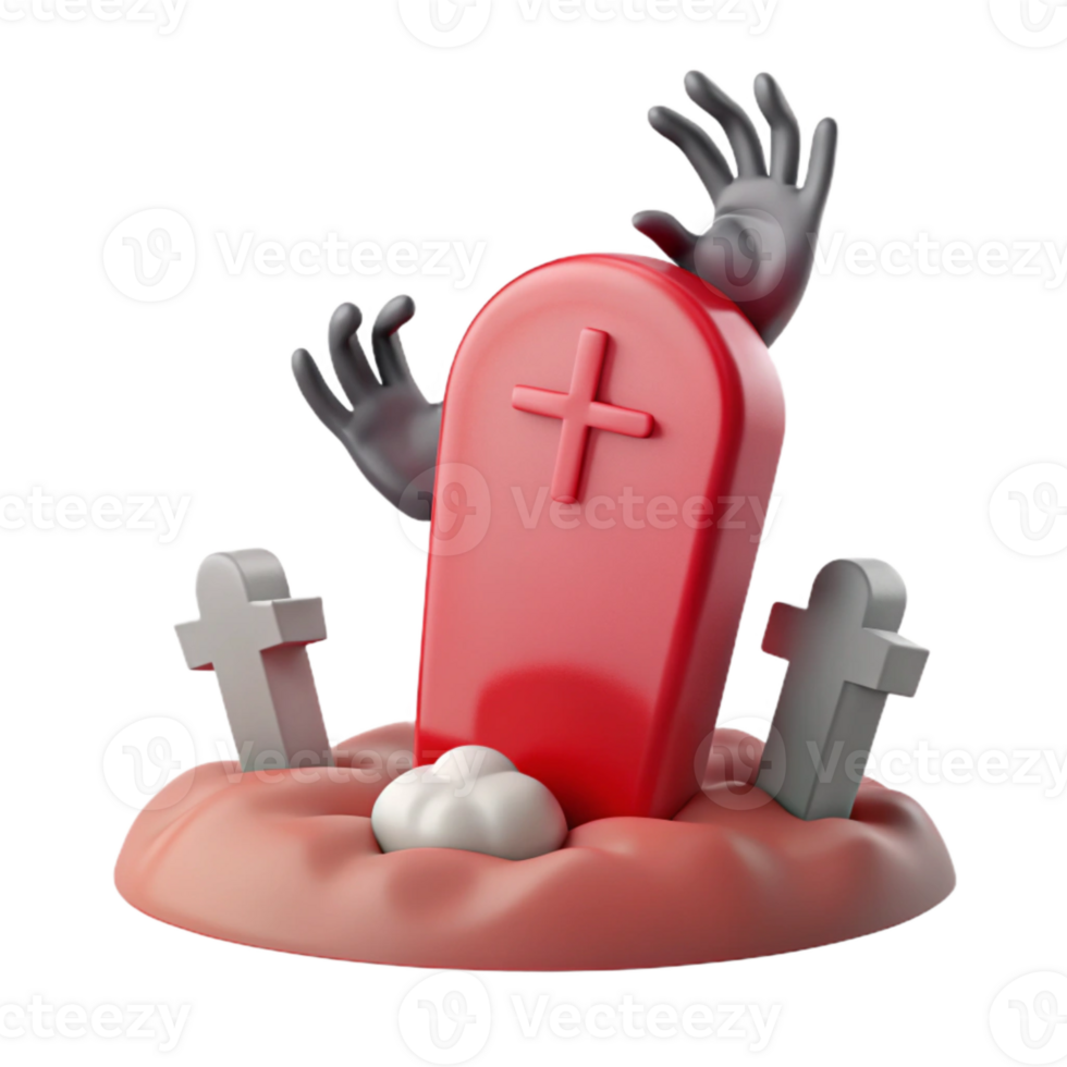 3D Rendered Graveyard Scene with Coffin, Cross, and Hands Reaching Out png