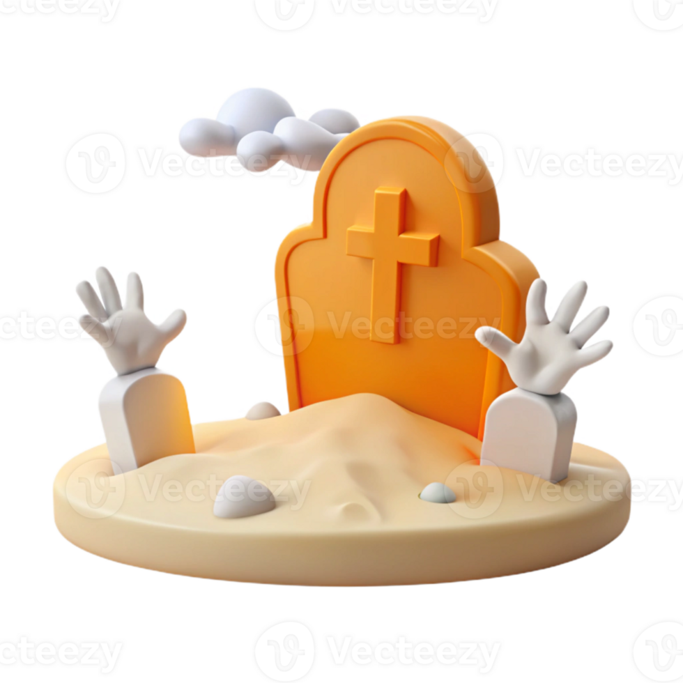 3D Render of a Graveyard with a Headstone and Hand Reaching Out png