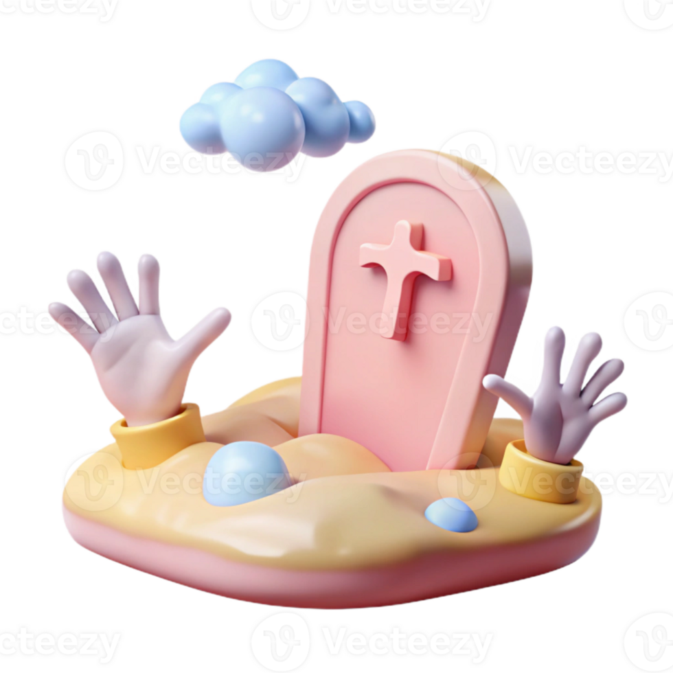3D Cartoon Grave with Hands Reaching Up png
