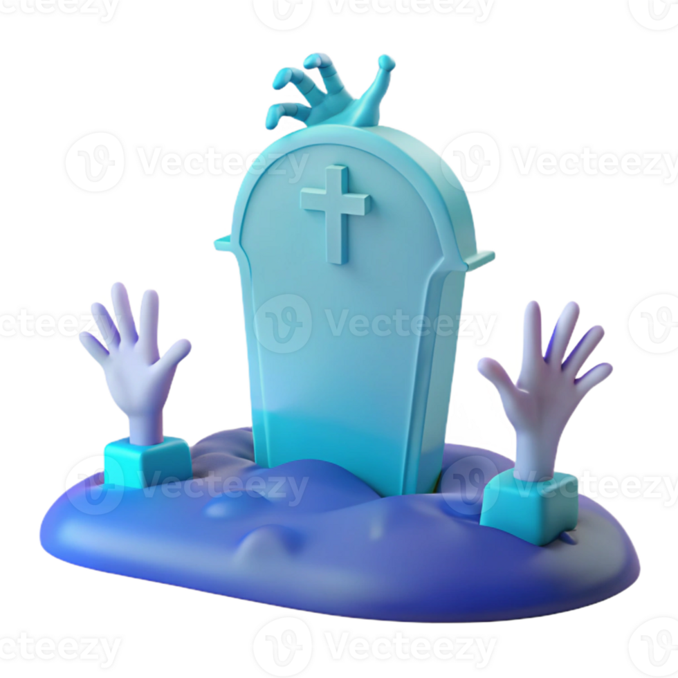 3D Render of a Graveyard with a Tombstone and Hands Reaching Out png