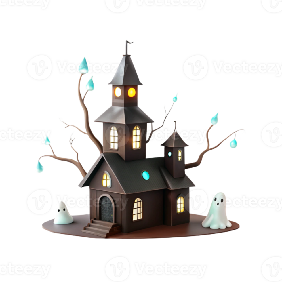 Haunted House with Glowing Windows and Ghosts png