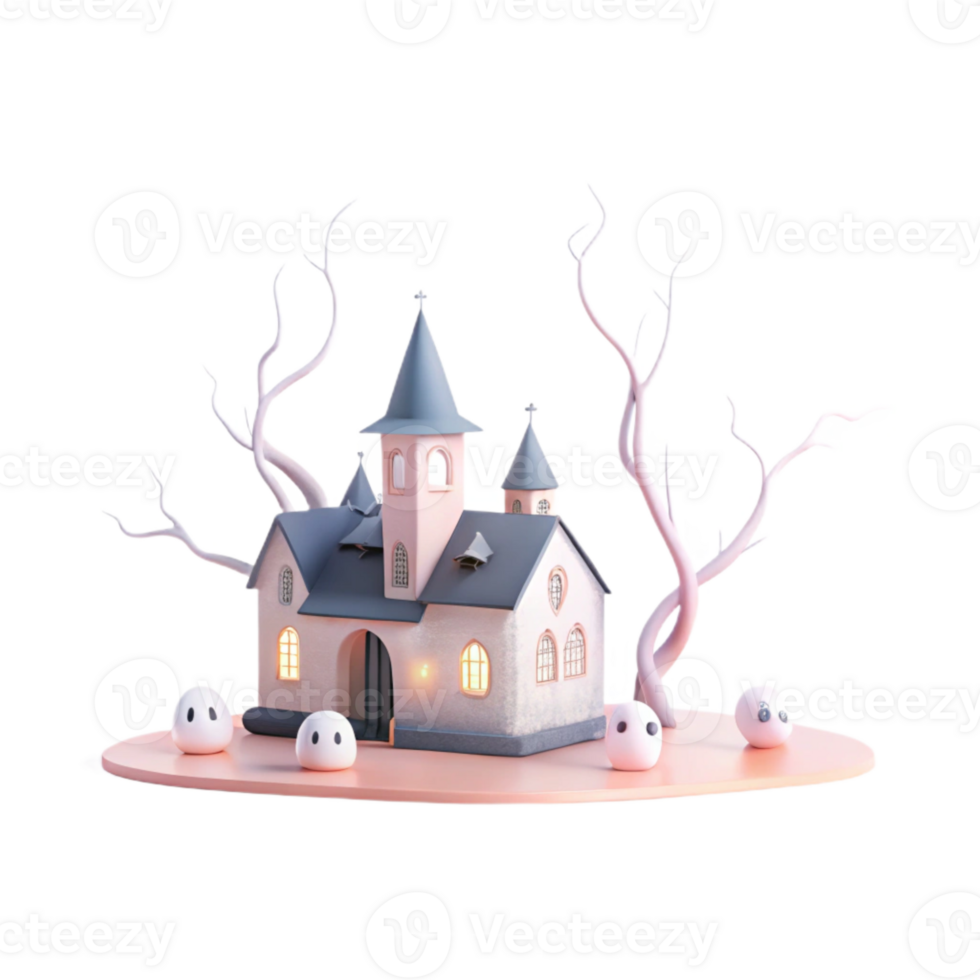 Spooky Castle, Ghostly Trees, and Friendly Ghosts A 3D Halloween Scene png
