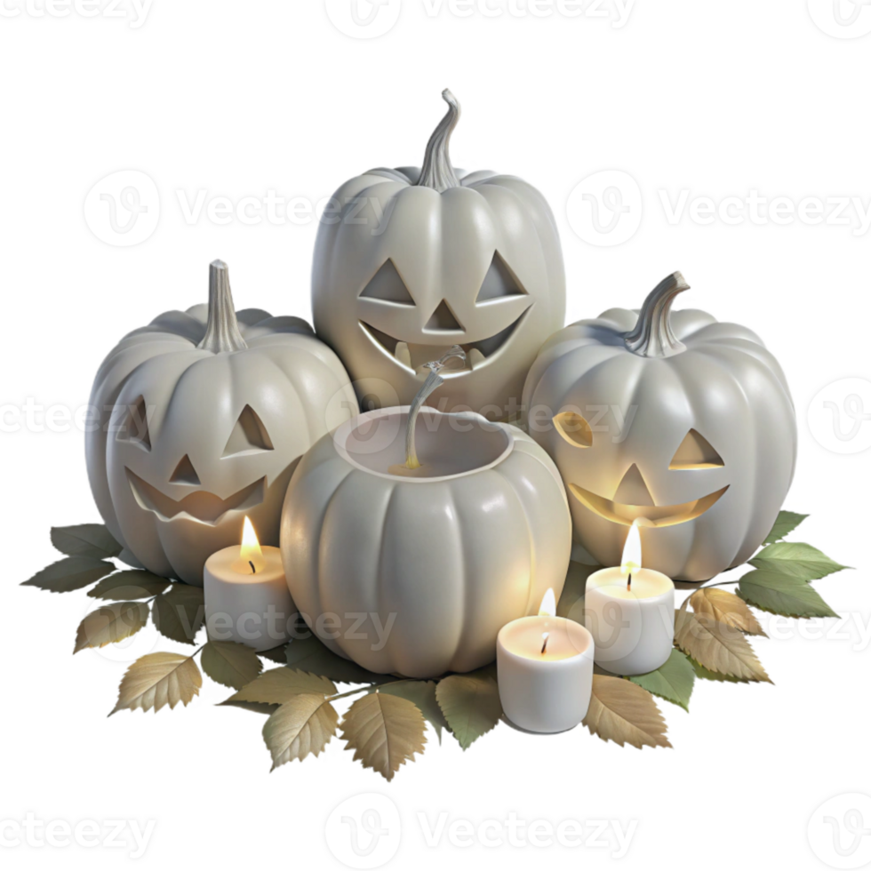 White Pumpkins with Candles and Autumn Leaves png