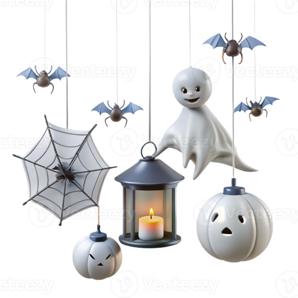 Halloween Decorations Ghost, Spiders, Pumpkin, and Lantern png