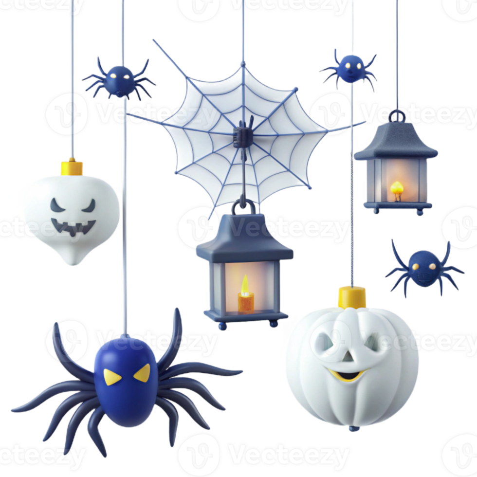 Spooky Halloween Decorations with Hanging Lanterns, Spiders, and Ghosts png