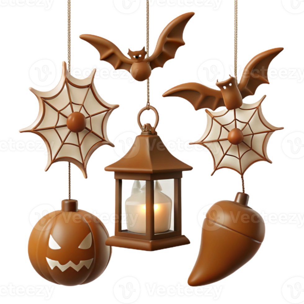 Hanging Halloween Decorations with Bats, Spiders, Pumpkin, and Lantern png