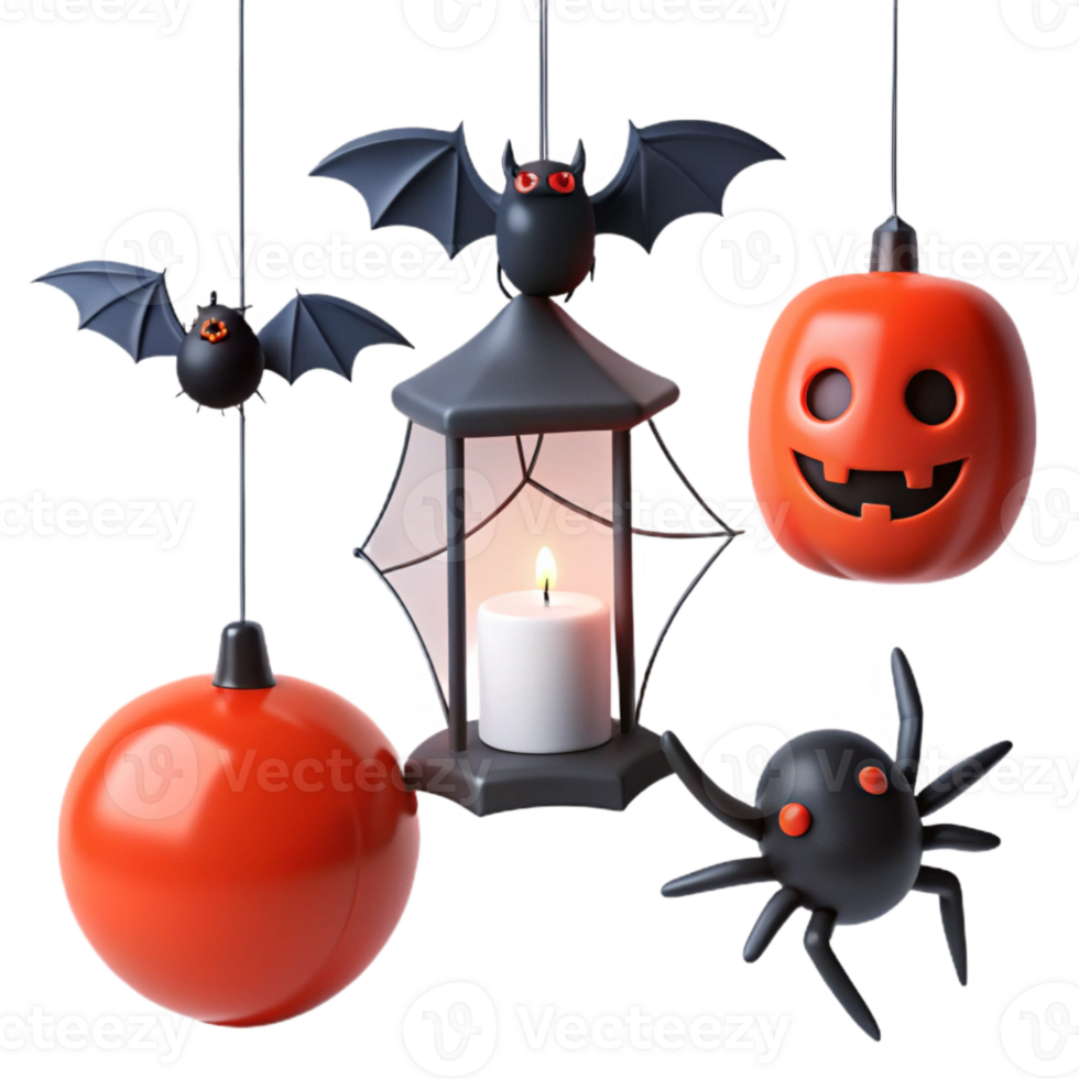 Hanging Halloween Decorations Bats, Pumpkins, Spiders, and a Lantern png