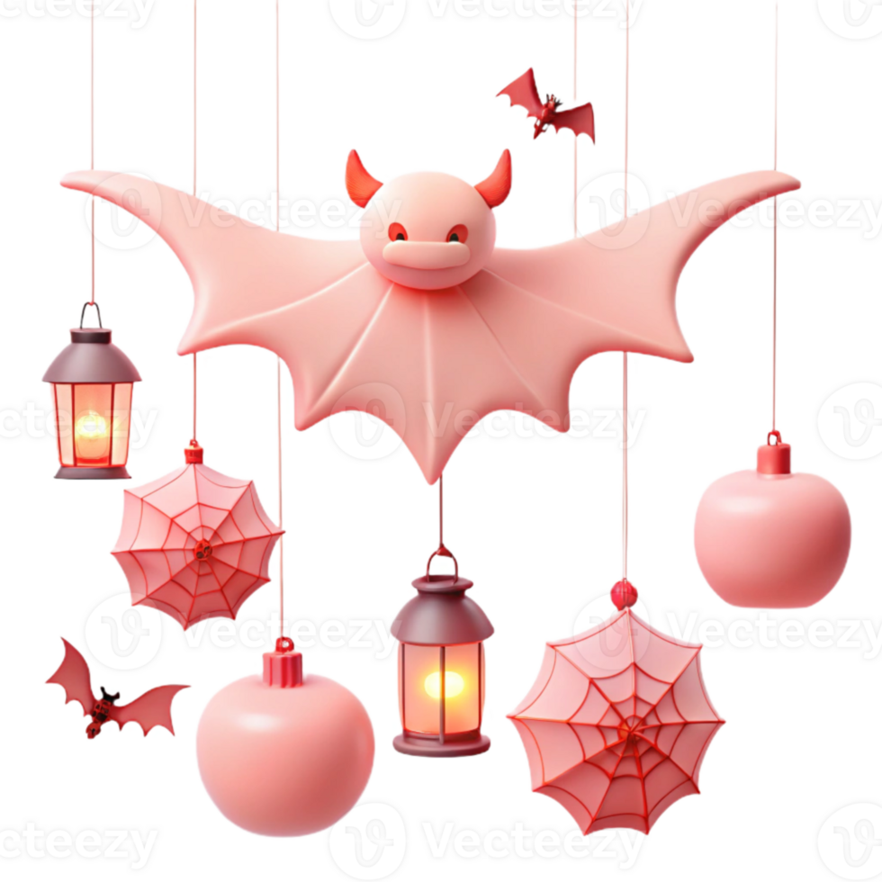 Spooky Halloween Decorations with Bats, Lanterns, and Spiderwebs png