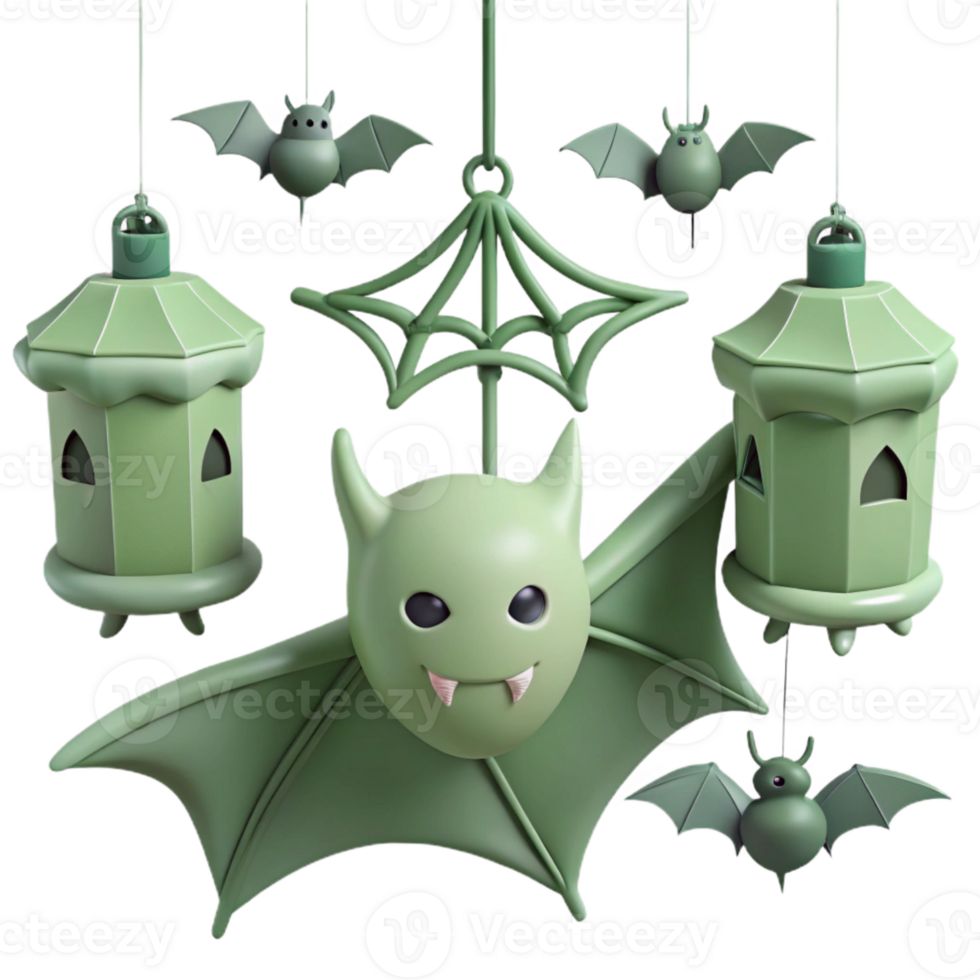 Green Halloween Decorations Bats, Lanterns, and a Spider Web png