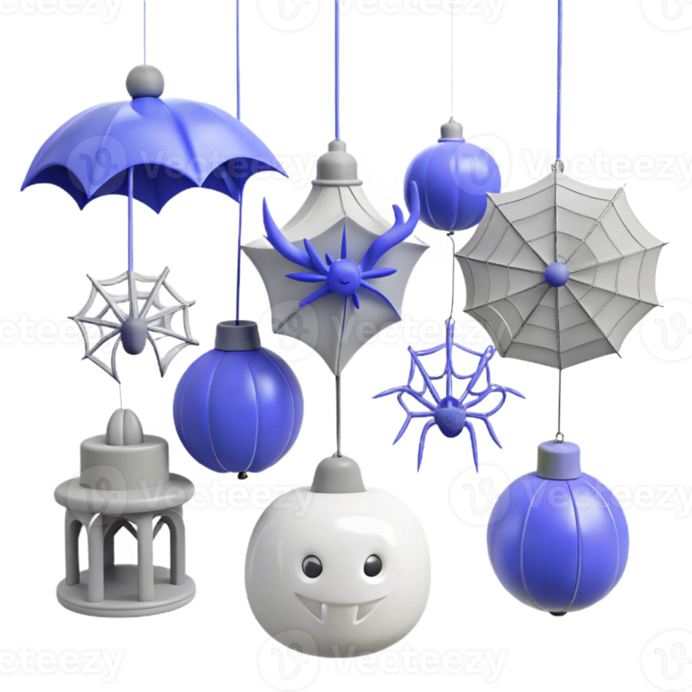 Halloween Hanging Decorations with Spider Webs, Pumpkins, and a Lantern png
