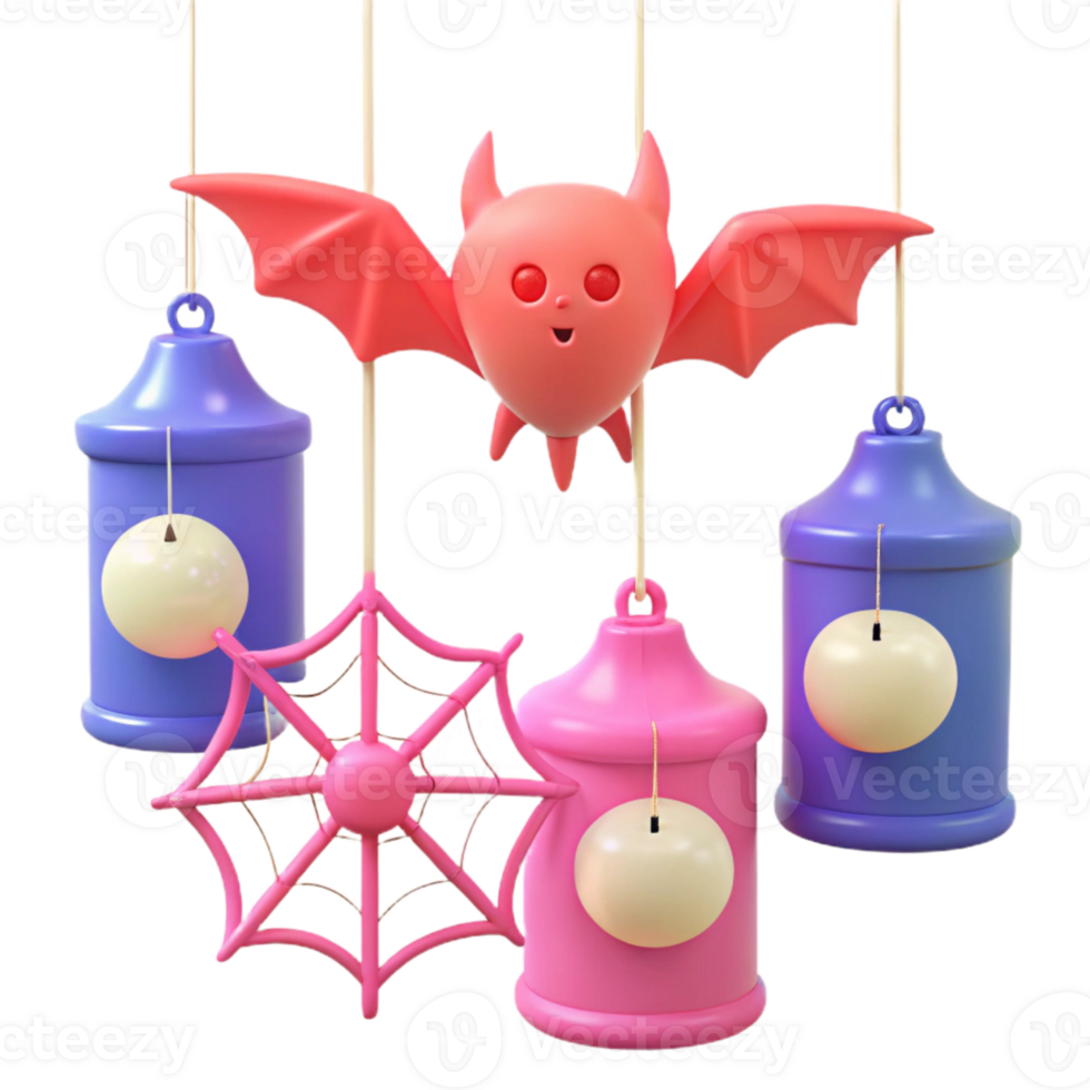 3D Halloween Decorations Hanging Bat, Web, and Lanterns png