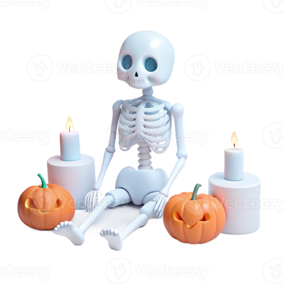3D Cartoon Skeleton with Pumpkins and Candles for Halloween png