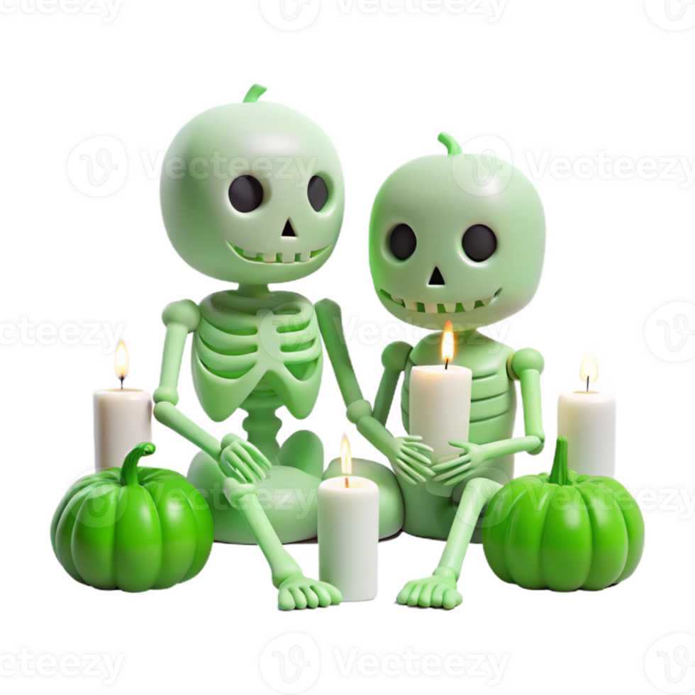 Cute Skeleton Couple with Pumpkins and Candles for Halloween png