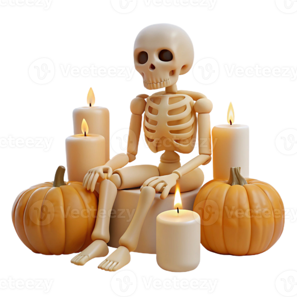 Skeleton Sitting with Pumpkins and Candles png