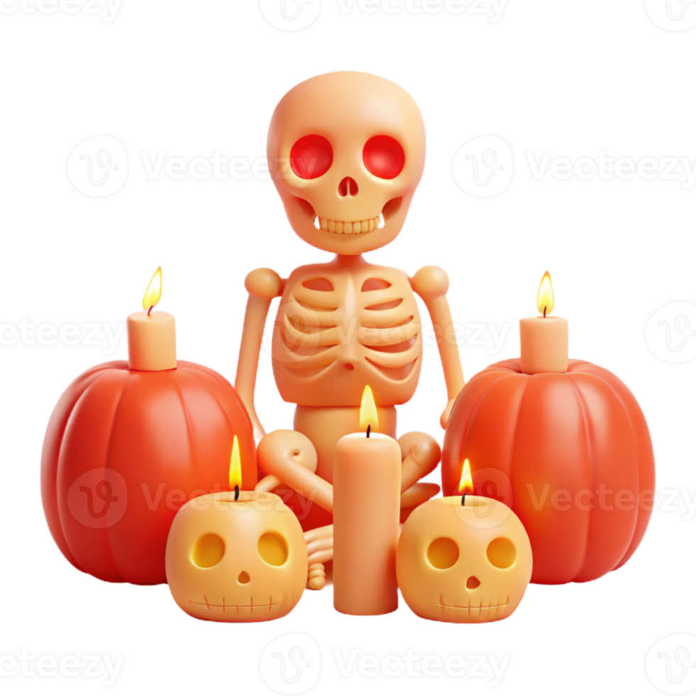 Skeleton Sitting with Pumpkins and Candles for Halloween png