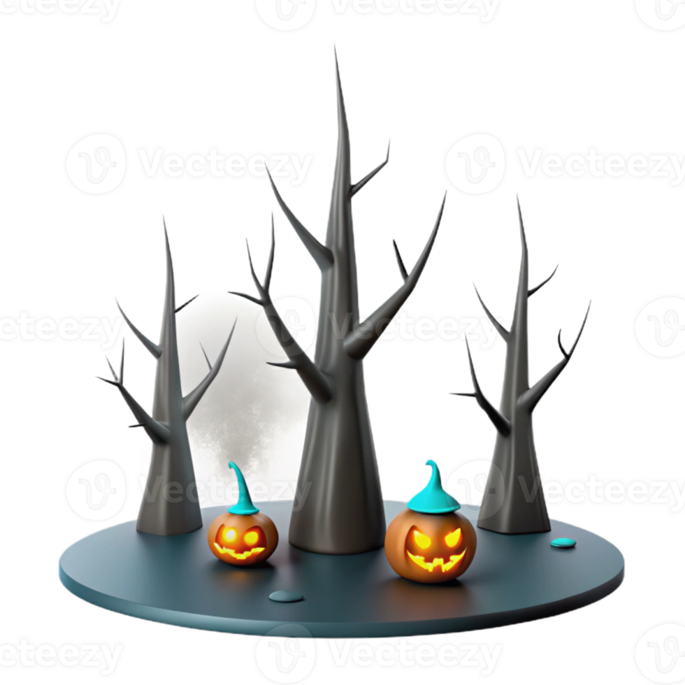 Spooky Halloween Scene with Jack-os-Lanterns and Bare Trees png