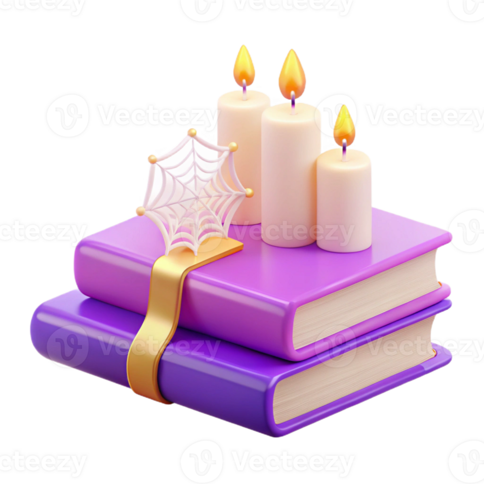 Purple Book Stack with Candles and Spider Web png