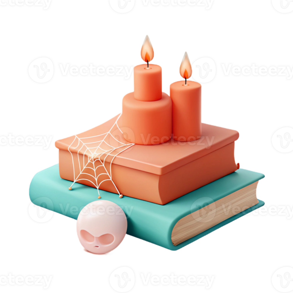 Halloween Decor Stacked Books, Candles, and a Spider Web png