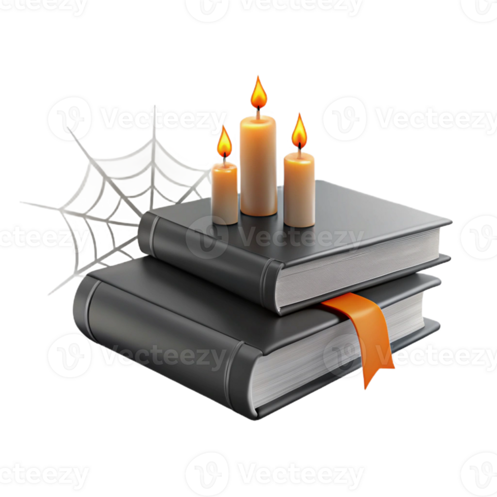 Spooky Book Stack with Candles and Web png