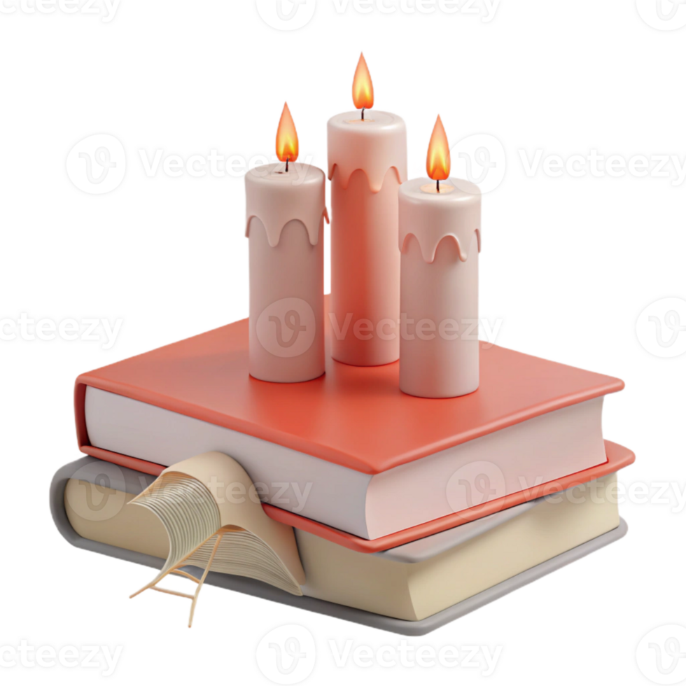Three Burning Candles on Stack of Books png